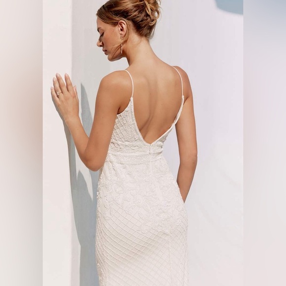 Lulu's Cherished Vow White Beaded Backless Mermaid Maxi Wedding Dress - Picture 3 of 10